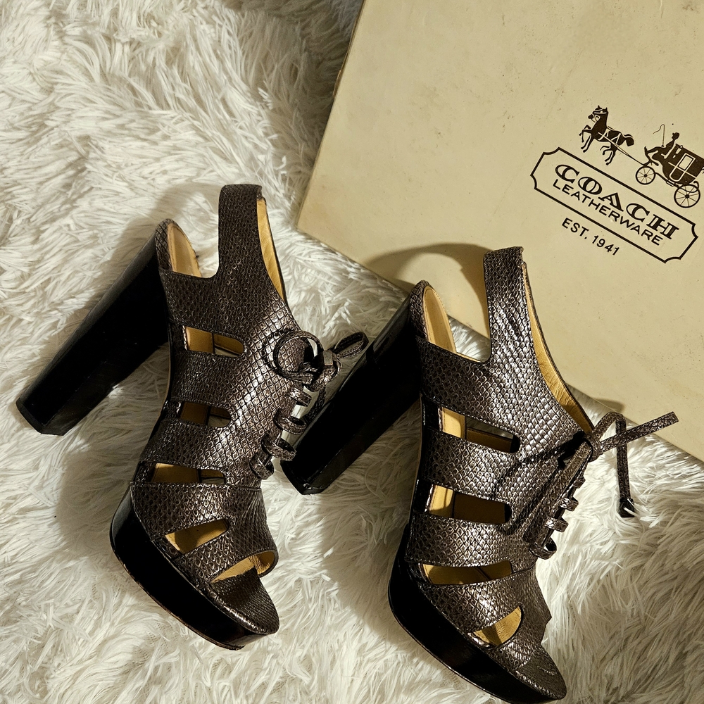 Coach Moreen: Lace Up Metallic Pewter Platform Heels, Size 8M, With Box